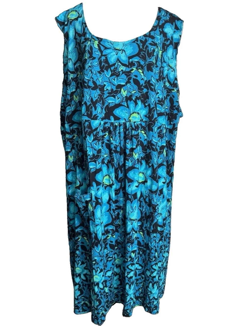Ulla Popken A-Line Sleeveless Midi Dress Floral Turquoise Pockets Size 28/30